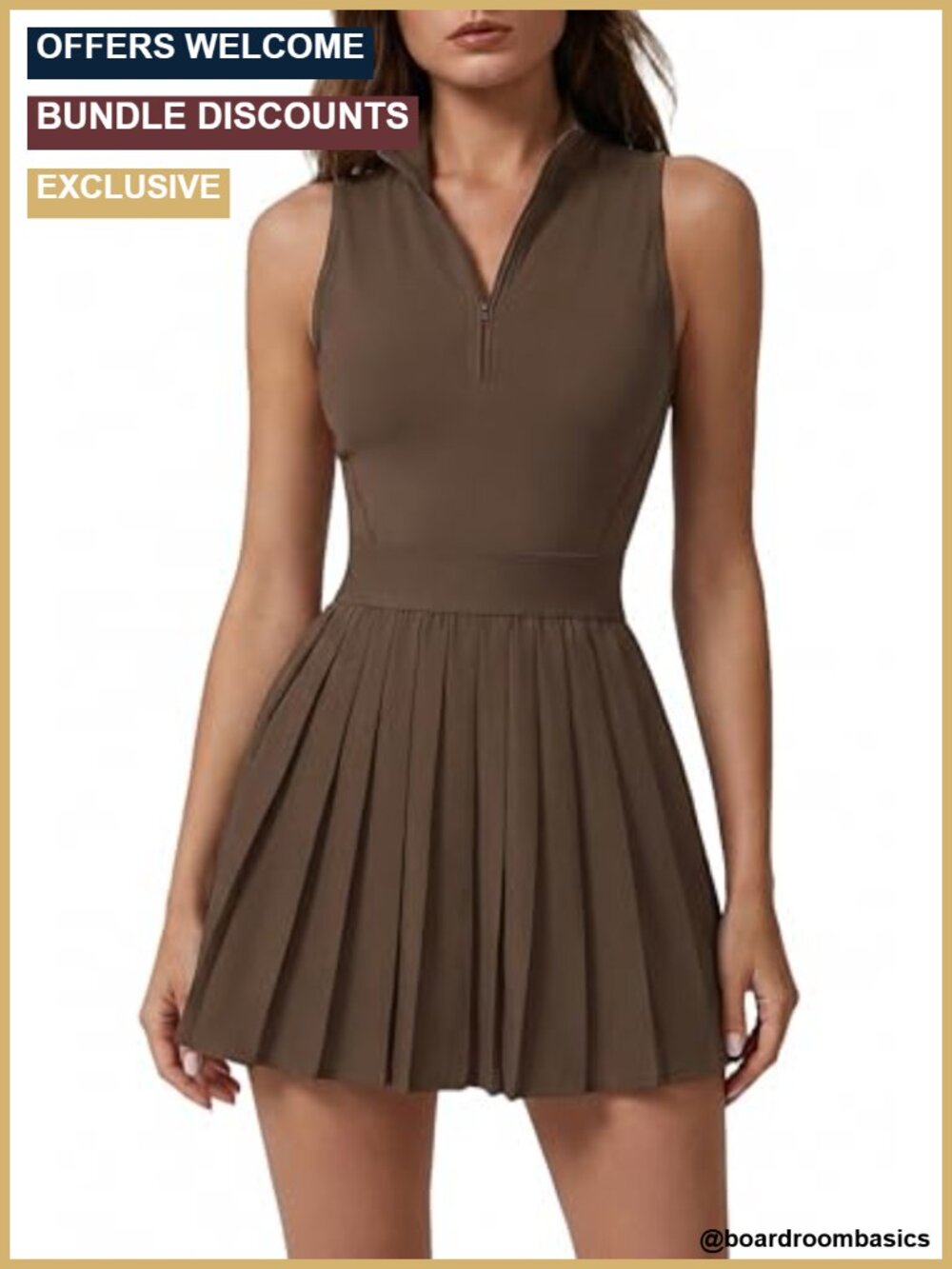 Women's Zip Front Tennis Dress High Neck Pleated Sleeveless 2 Piece Golf